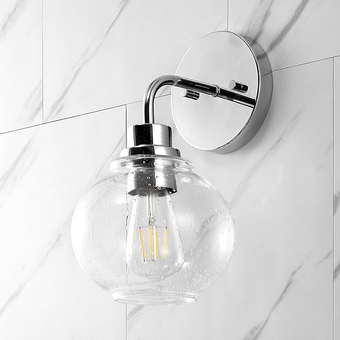 JONATHAN Y 6.5" Chrome 1-Light Farmhouse LED Vanity Light Wall Sconce for Bathroom, Clear Seeded Glass Shade, Industrial Iron Indoor Fixture, LED Bulb Included (JYL7526B)