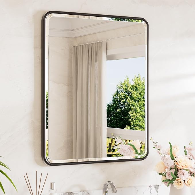 Black Bathroom Mirror 24 x 30 Beveled Edge Tempered Glass, Rounded Corner Rectangle Bathroom Mirror for Over Sink for Modern Bathroom, Living Room, Bedroom, Entryway