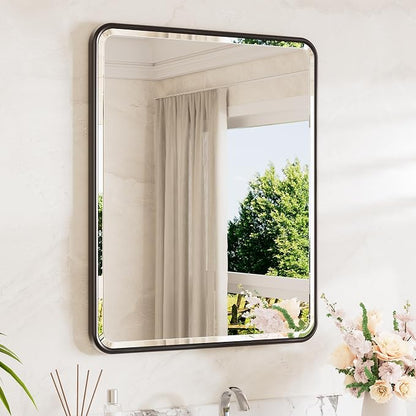 Black Bathroom Mirror 24 x 30 Beveled Edge Tempered Glass, Rounded Corner Rectangle Bathroom Mirror for Over Sink for Modern Bathroom, Living Room, Bedroom, Entryway