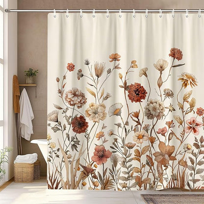 Vintage Boho Beige Floral Shower Curtain, Brown Cream Tan Rustic Farmhouse Flower Shower Curtain Set, Cute Botanical Wlidflowers Fabric Shower Curtains Decoration, 72X72 Aesthetic Bathroom Accessories