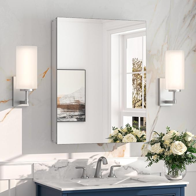 Keonjinn Medicine Cabinet Mirror for Bathroom 20 x 26 Inch, Tempered Glass | Assembly Needed, Stepless Adjustable Shelves, Surface Mount or Recessed, Lightweight Aluminum, Soft Close DTC Hinges, Sliver