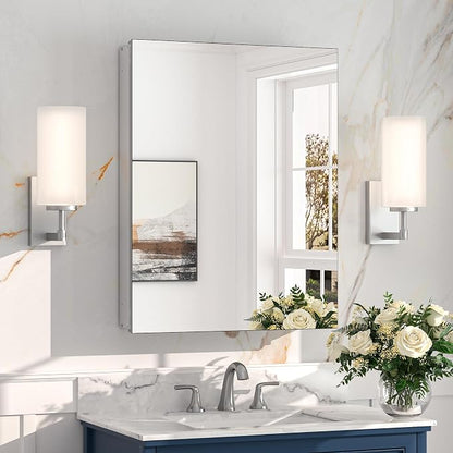 Keonjinn Medicine Cabinet Mirror for Bathroom 20 x 26 Inch, Tempered Glass | Assembly Needed, Stepless Adjustable Shelves, Surface Mount or Recessed, Lightweight Aluminum, Soft Close DTC Hinges, Sliver