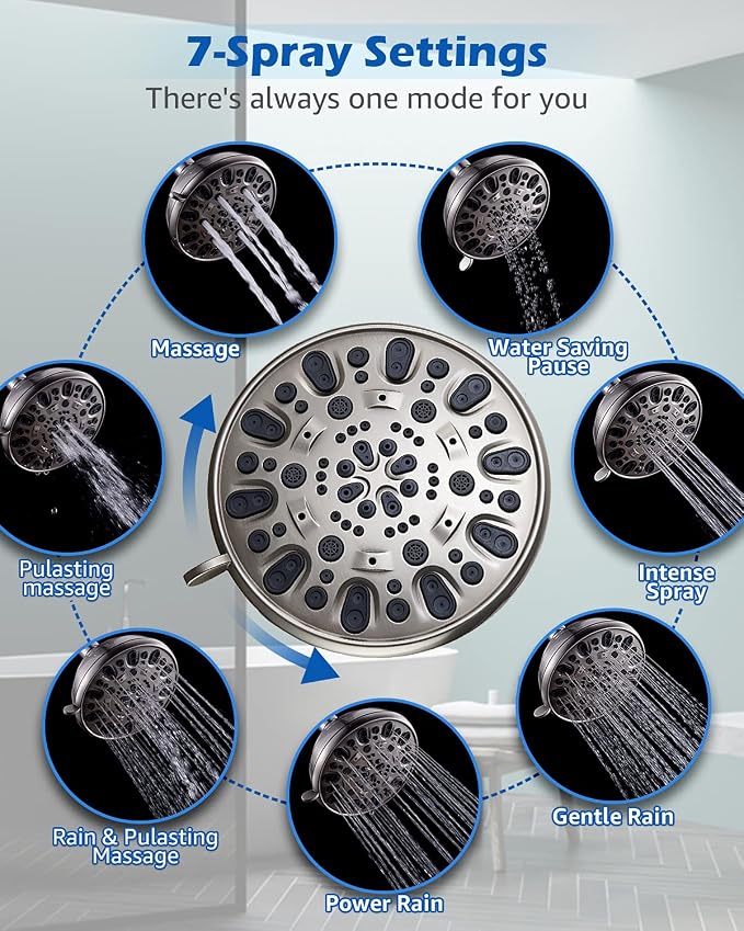 High Pressure Shower Head VMASSTONE 4.7" Rain Fixed Showerhead 7-Spray Setting with Adjustable Brass Swivel Ball Joint - Excellent Replacement for Your Bath Shower Head (FM-001 Brushed Nickel)