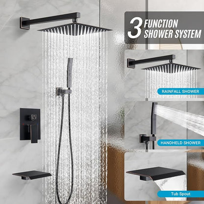 10" Rain Shower Faucet Set with Tub Spout,Oil Rubbed Bronze | Anti-scald cartridge, air tech boosts pressure 50%, 3-func diverter, NPT 1/2