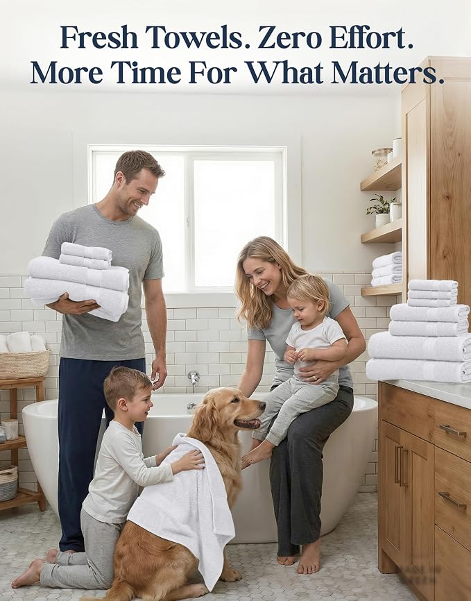 LANE LINEN Bath Towel Set 100% Cotton 24 Piece Soft Absorbent - White | Shower Towels - Generously Sized, Oversized & Roomy, Lightweight & Breathable, Fade-Resistant Color, Classic Terry Weave