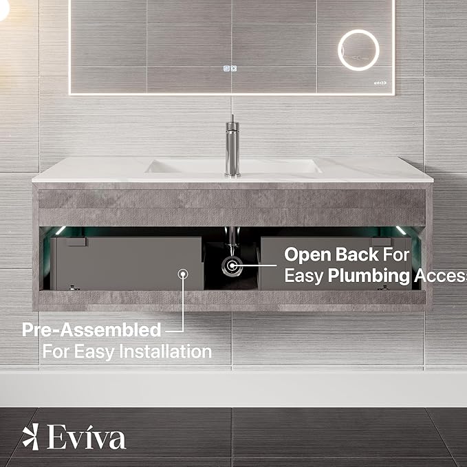 Eviva Aurora 40 in. Concrete Gray Wall Mount Single Sink Bath Vanity with Carrara Quartz Top