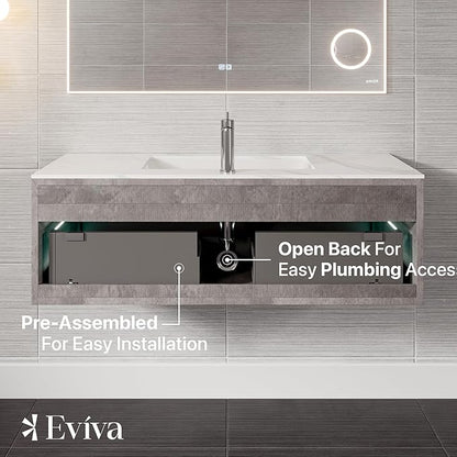 Eviva Aurora 40 in. Concrete Gray Wall Mount Single Sink Bath Vanity with Carrara Quartz Top