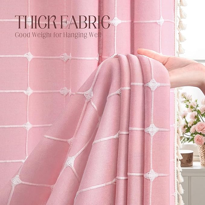 Pink Boho Shower Curtain Cotton Texture with Embroidered Plaid Pattern and Tassels for Bathroom,72" W×84" L