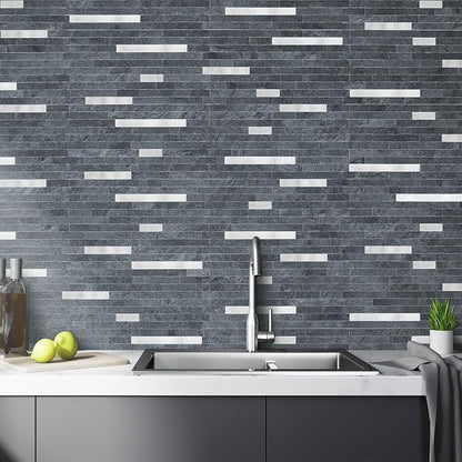 AULIGET 2 Sheets Black Slate Peel and Stick Backsplash, PVC Mixed Metal Silver Wall Tile Stick on Backsplash for Kitchen and Bathroom