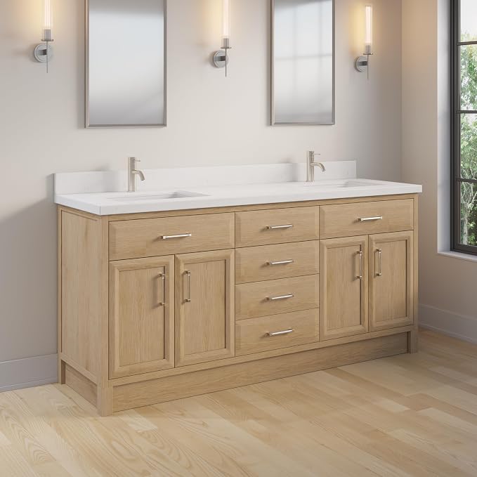 Capri III 72" Double Sink Bathroom Vanity With Stealth Organizer, Solid Wood Bathroom Cabinet with Engineered Stone Countertop & Backspalsh, Soft Closing Door & Drawer, Pre-Assembled, Weathered Oak