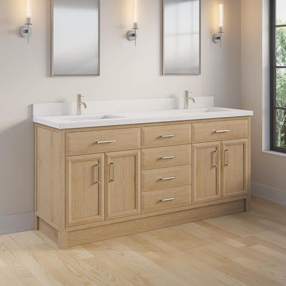 Capri III 72" Double Sink Bathroom Vanity With Stealth Organizer, Solid Wood Bathroom Cabinet with Engineered Stone Countertop & Backspalsh, Soft Closing Door & Drawer, Pre-Assembled, Weathered Oak