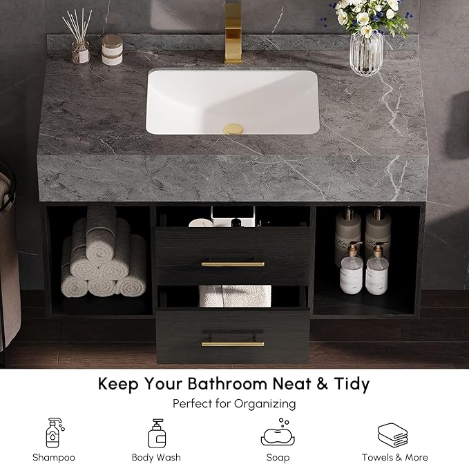 KunMai 39.4" Black Floating Bathroom Vanity with Sink – Modern Wall Mounted Bathroom Cabinet with Sintered Stone Countertop, Soft-Close Drawers, Space-Saving Vanity for Small Bathrooms