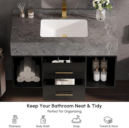 KunMai 39.4" Black Floating Bathroom Vanity with Sink – Modern Wall Mounted Bathroom Cabinet with Sintered Stone Countertop, Soft-Close Drawers, Space-Saving Vanity for Small Bathrooms