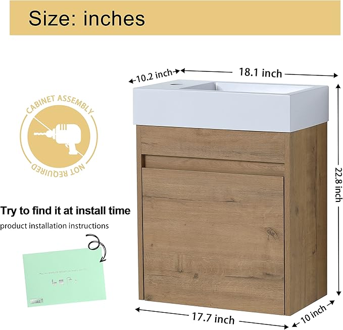 Malwee 18" Floating Bathroom Vanity with Sink, 18 Inch Single Sink Wall Mounted Bathroom Vanity, with 1 Door and White Resin Basin Top for Small Spaces(005-18)
