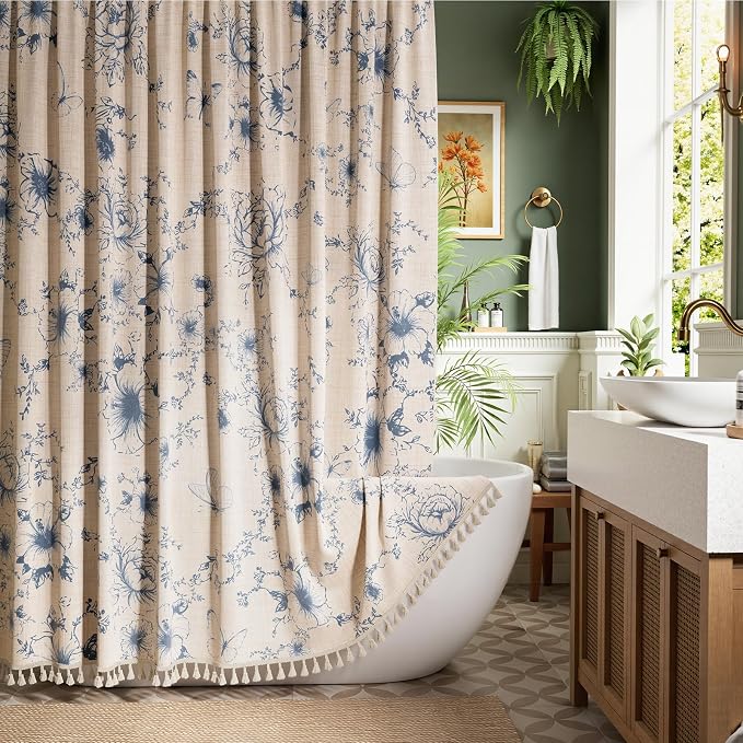 Vintage Blue Floral Shower Curtain with 12 Clear Rings - 72" W x 72" L | Farmhouse Fabric Faux Linen Shower Curtain Set, French Country Cottagecore Style Shower Curtain for Bathroom