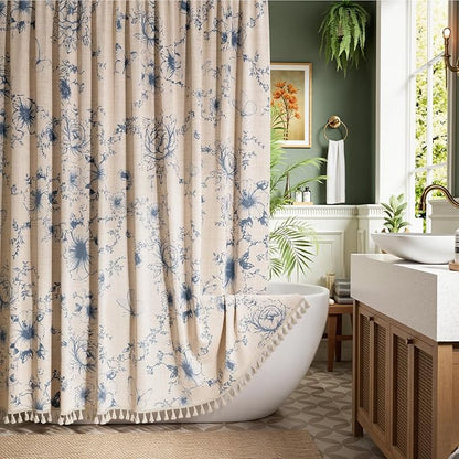 Vintage Blue Floral Shower Curtain with 12 Clear Rings - 72" W x 84" L | Farmhouse Fabric Faux Linen Shower Curtain Set, French Country Cottagecore Style Shower Curtain for Bathroom