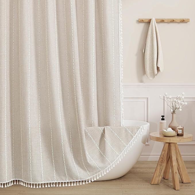 Boho Farmhouse Tassel Linen Shower Curtain,3D Embroidery Stripe Cream,72x78 | Long Tall,310GSM Linen Texture Heavy Duty Cloth,Water Repellent,Wrinkle Resistant,Vintage Farmhouse Rustic,12 Plastic Hooks