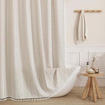 Boho Farmhouse Tassel Linen Shower Curtain,3D Embroidery Stripe Cream,72x78 | Long Tall,310GSM Linen Texture Heavy Duty Cloth,Water Repellent,Wrinkle Resistant,Vintage Farmhouse Rustic,12 Plastic Hooks