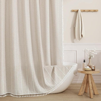 Boho Farmhouse Tassel Linen Shower Curtain,3D Embroidery Stripe Cream,72x96 | Extra Long Xl,310GSM Texture Heavy Duty Cloth,Water Repellent,Wrinkle Resistant,Vintage Farmhouse Rustic,12 Plastic Hooks