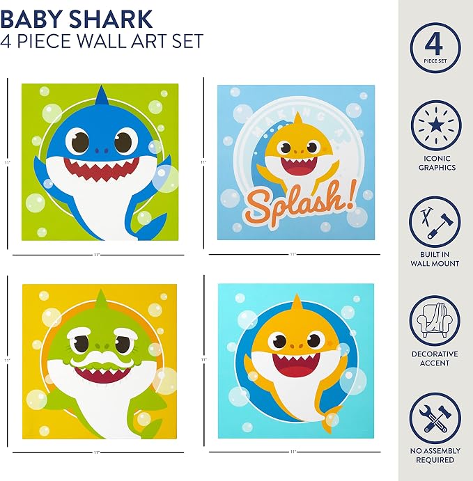 Idea Nuova Baby Shark 4 Pack Square Canvas Wall Art Set, 11''x11'' each