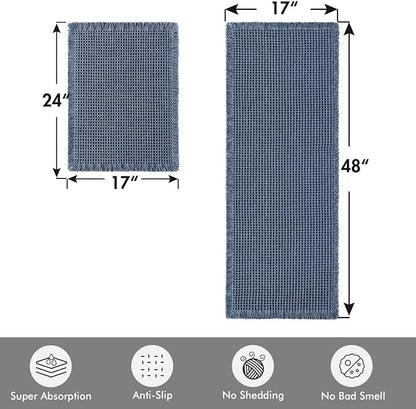 MIULEE Set of 2 Waffle Bathroom Rugs Boho Bath Mat Blue 17"x24"+17"x48" | Non Slip, Super Absorbent, Washable, Ultra Soft, Rubber Backed, Small Bath Rug and Bathroom Runner for Floor Tub Shower
