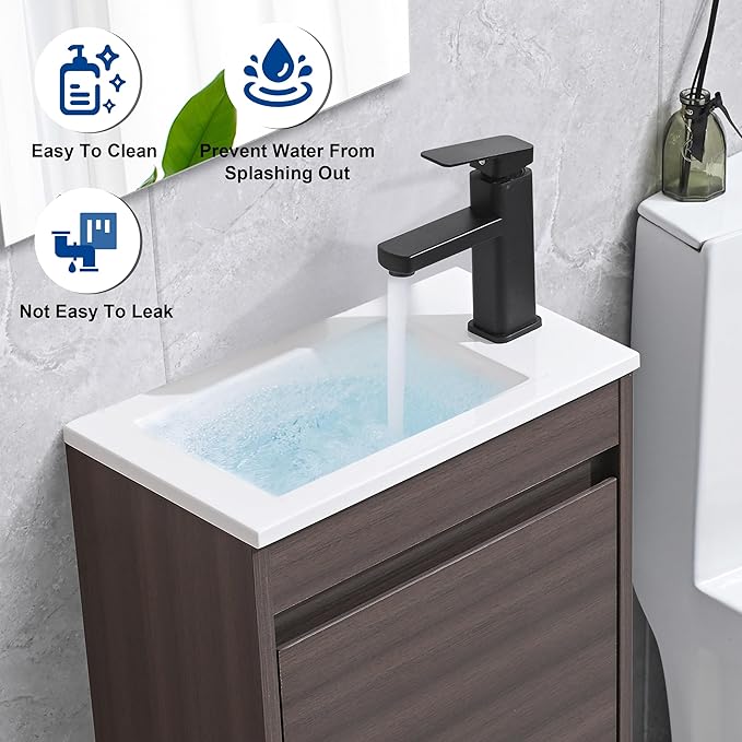 16" Bathroom Vanity Sink Combo for Small Space, Wall Mounted Bathroom Cabinet Set with White Resin Basin Sink Top Black Faucet Pop Up Drain Dark Walnut