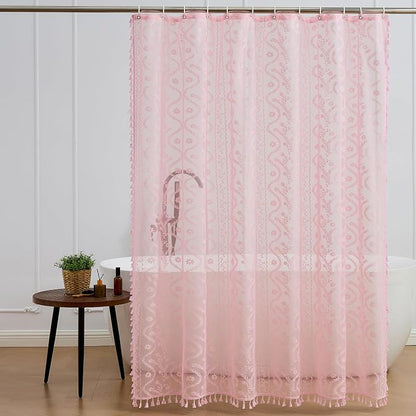 WAZZIO Pink Lace Shower Curtain - Vintage Pretty Pastel Girl Floral Shower Curtain Girly, Cute Coquette Tassel Princess Bath Curtains for Bathroom, 72 x 72 Inch, 1 Panel