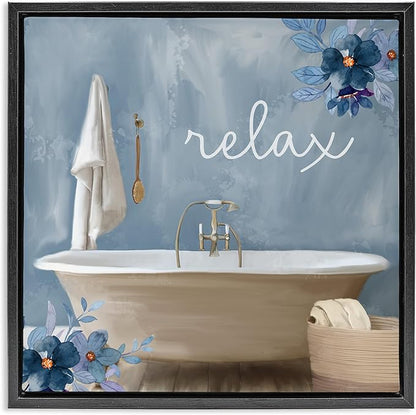 Blue Floral Bathroom Relax Scene, 24 x 24 Inch Canvas in Floater Frame | Stupell Industries · By Kim Allen · Ready to hang · Perfect for bath or laundry decor · Made in USA