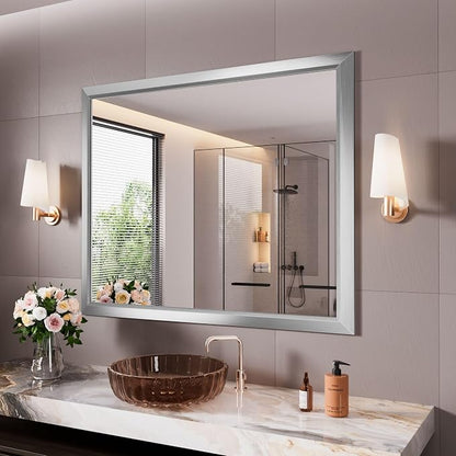 Bathroom Mirror for Wall, 44x36 Inch (Brushed Silver) | HD Reflection, Tempered Glass, Thick Metal Framed Rectangle Mirrors for Over Sink, Bedroom, Living Room, Entryway, Anti-Rust.