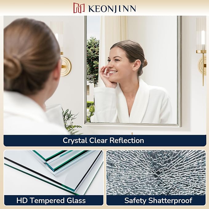 Keonjinn 30 x 36 Inch Brushed Nickel Bathroom Vanity Mirrors for Over Sink | Beveled Metal Frame, Rectangular Rustic Bathroom Mirror for Wall, Tempered Glass, Anti Rust, Square Corner, Farmhouse Style