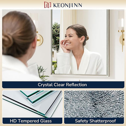 Keonjinn 48 x 30 Inch Brushed Nickel Bathroom Mirrors for Over Sink | Metal Frame, Rectangular Mirrors for Wall, Anti Rust, Rustic Bathroom Vanity Mirror, Safety HD Tempered Glass, Square Corner