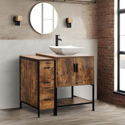 UEV 42" Rustic Brown Bathroom Vanity with Sink Combo,Industrial Iron Frame Bathroom Cabinet Sets with 3 Drawers Side Cabinet,Modern Artistic Ceramic Vessel Sink(032WH)