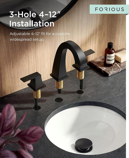 FORIOUS Matte Black Bathroom Faucet 3 Hole 8 Inch Widespread Two Handles | Lead-Free Bathroom Sink Faucet 4-12 Inch 3 Hole Install, Pop-up Drain and cUPC Supply Lines, for RV Vanity Lavatory Restroom