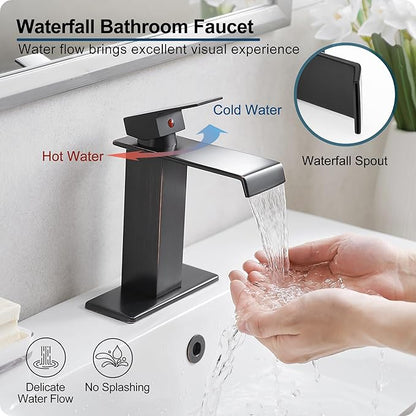 Oil Rubbed Bronze Bathroom Faucet Waterfall Faucet, Brass Single Handle Bathroom Sink Faucet 1 Hole or 3 Holes, 4 Inch Bathroom Faucets with Deck Plate & Pop-Up Drain for Farmhouse Quick Install