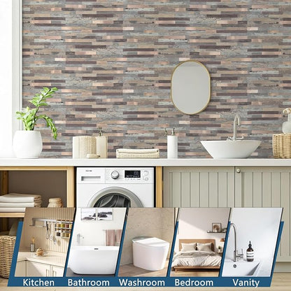 Yipscazo 2 Sheets Peel and Stick Stone Metal Backsplash Tiles, PVC Wall Tiles Stick on Backsplash for Kitchen, Bathroom (6'' X 12'', Rustic Wood)