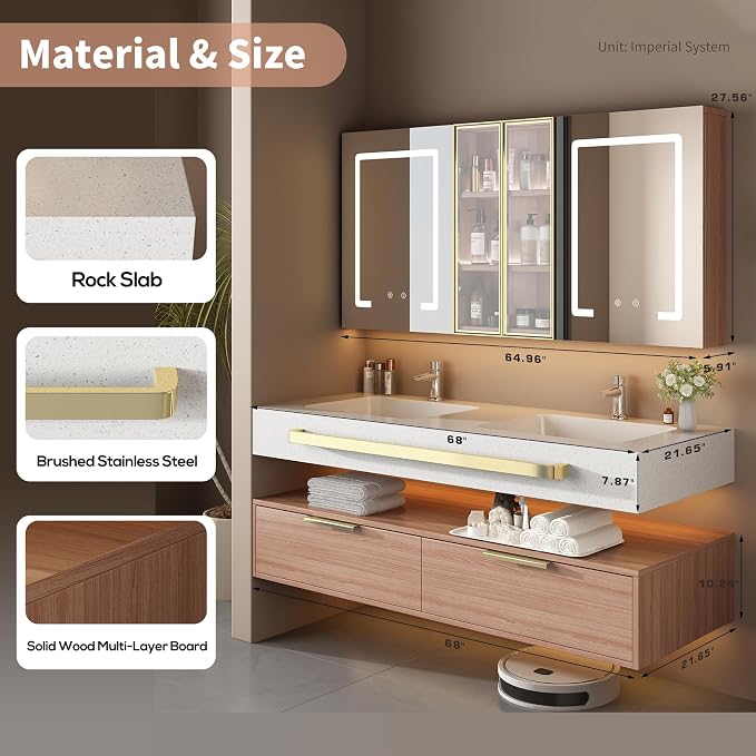 68-Inch Double Sink Vanity with Medicine Cabinet, Mirror Defogger, Wall Mounted Touch Dimming Floating Storage for Bathroom