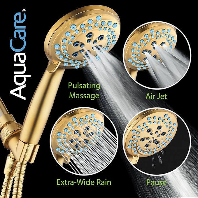 AquaCare New 8-mode High Pressure Handheld Shower Head w/ 2-way Power Wash | Stay Clean Nozzles, Dual Power Wash for Tub, Tile & Pets, Long 6 ft. Stainless Steel Hose, Wall & Overhead Brackets / Gold