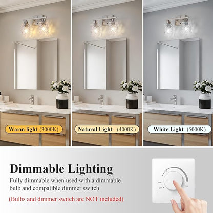Mecgirn Stainless Steel Bathroom Vanity Light Over Mirror, 2 Light Brushed Nickel Bathroom Light Fixtures with Textured Glass Shades, Ceramic E26 Sockets Wall Mounted