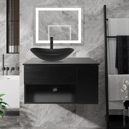 28-Inch Black Floating Bathroom Vanity with 1-Door and 1-Drawer, Modern Wall Mounted Cabinet with Black Boat Ceramic Vessel Sink
