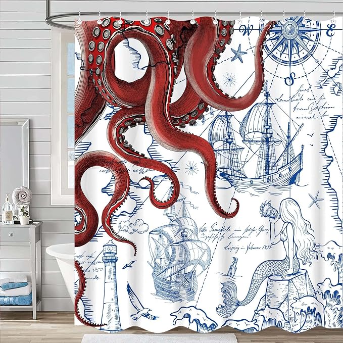 Fungarth Long Red Nautical Octopus Shower Curtain Navy Blue Mermaid Funny Ocean Kraken Shower Curtains for Bathroom Cool Anchor Coastal Map Waterproof Fabric Bath Curtain Decor (Red, 72” x 78”)