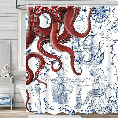 Fungarth Long Red Nautical Octopus Shower Curtain Navy Blue Mermaid Funny Ocean Kraken Shower Curtains for Bathroom Cool Anchor Coastal Map Waterproof Fabric Bath Curtain Decor (Red, 72” x 78”)