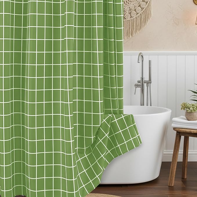 Fabric Shower Curtains for Bathroom-Cloth Modern Farmhouse Shower Curtain | 70"Wx72"L Sage Green Faux Linen Grid Minimalist Simple Neutral Guest Bathroom Decor-Textured Geometric Plaid Machine Washable
