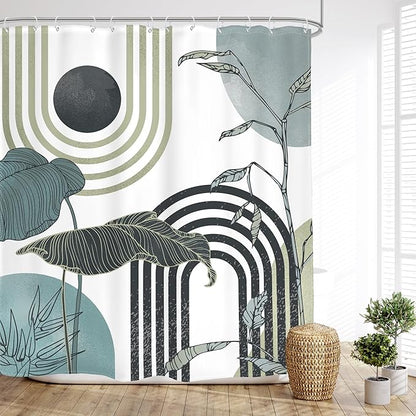 Glawry Green Teal Blue Abstract Shower Curtain Mid Century Boho Retro Tropical Palm Tree Leaves Sun Arch Modern Bathroom Geometric 60Wx72L Inches Bath Accessories Art Home Decor Fabric 12 Pack Hooks
