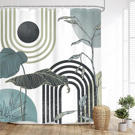 Glawry Green Teal Blue Abstract Shower Curtain Mid Century Boho Retro Tropical Palm Tree Leaves Sun Arch Modern Bathroom Geometric 60Wx72L Inches Bath Accessories Art Home Decor Fabric 12 Pack Hooks