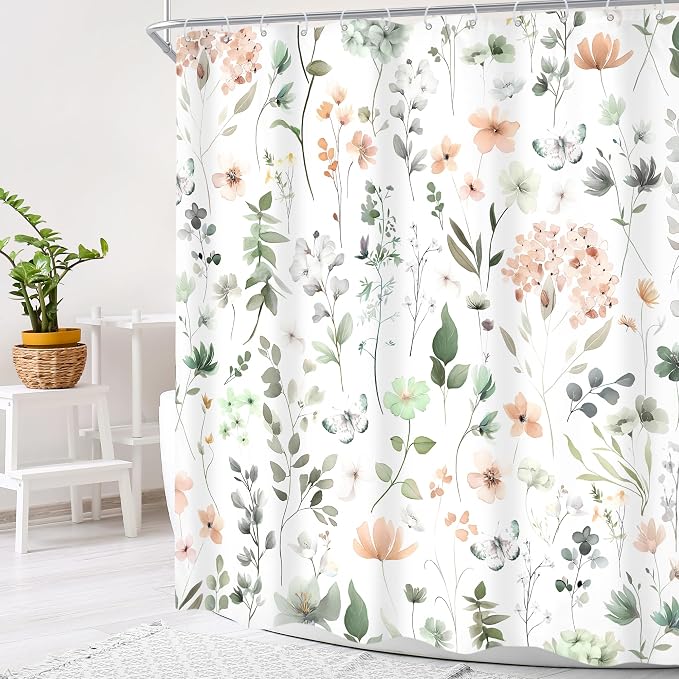 Cute Green Pink Floral Wildflower Watercolor Bathroom Shower Curtain Set | 60"W x 72"H Boho Butterfly; waterproof HD print, quick-dry fabric and plastic hooks for easy setup.