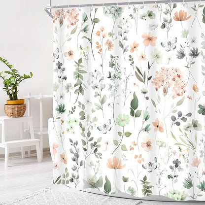 Cute Green Pink Floral Wildflower Watercolor Bathroom Shower Curtain Set | 60"W x 72"H Boho Butterfly; waterproof HD print, quick-dry fabric and plastic hooks for easy setup.