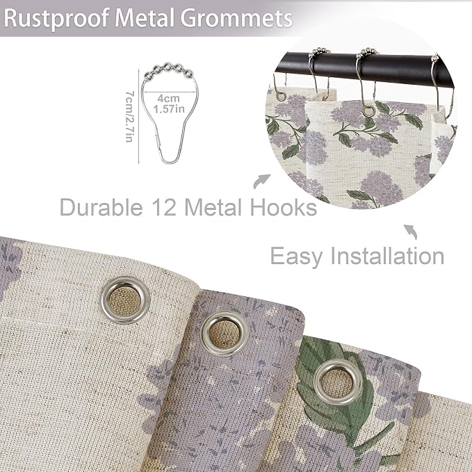 ORTIGIA Linen Textured Ruffle Shower Curtain with Metal Hooks, Vintage Purple Hydrangea Floral Boho Waterproof Bath Curtain for Rustic Farmhouse Bathroom Decor 72x72 Inch
