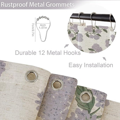 ORTIGIA Linen Textured Ruffle Shower Curtain with Metal Hooks, Vintage Purple Hydrangea Floral Boho Waterproof Bath Curtain for Rustic Farmhouse Bathroom Decor 72x72 Inch