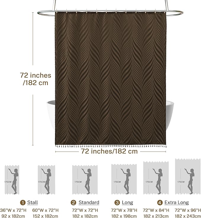 Brown Boho Shower Curtain Woven Fabric Shower Curtain, 72 x 72 Tufted Leaves Textured Striped Modern Farmhouse Minimalist Cloth for Bathroom