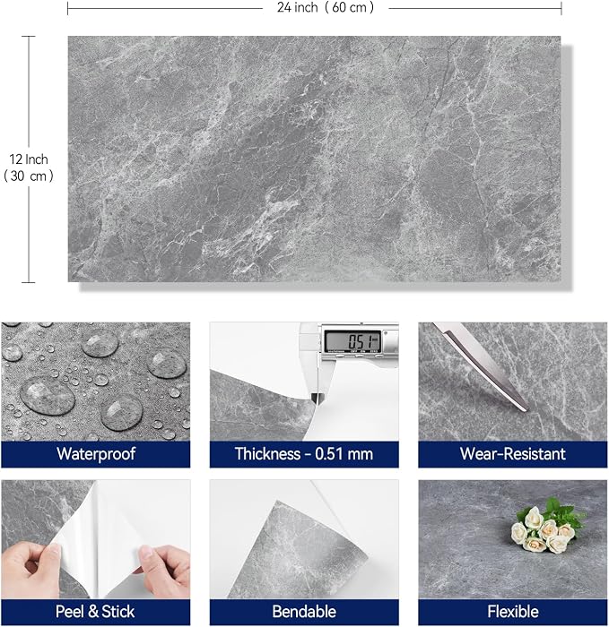 FunStick 12"x24" Grey Marble Peel and Stick Floor Tile Bathroom Floor Tiles Peel and Stick Waterproof Stick on Tiles for Kitchen Backsplash Walls Vinyl Flooring Sticky Laminate Flooring Sheets 5 Pcs